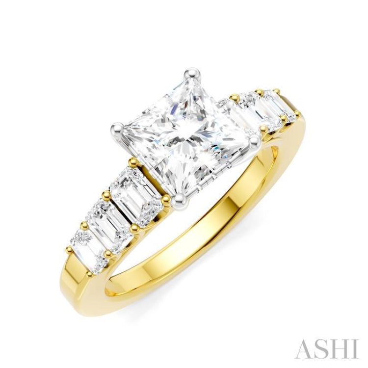 1 Ctw Princess Shape Emerald and Round Cut Diamond Semi-Mount Engagement Ring in 14K Yellow and White Gold