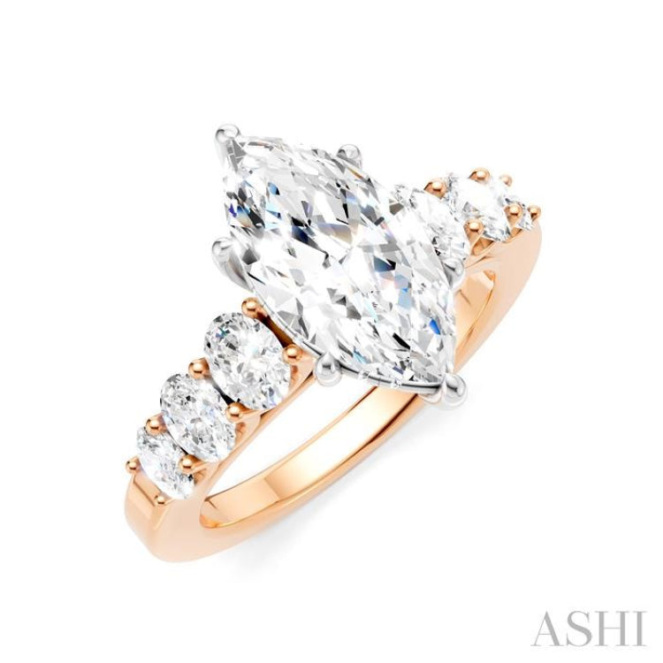 1 Ctw Marquise Shape Oval and Round Cut Diamond Semi-Mount Engagement Ring in 14K Rose and White Gold