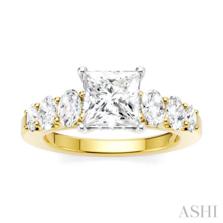 1 Ctw Princess Shape Oval and Round Cut Diamond Semi-Mount Engagement Ring in 14K Yellow and White Gold