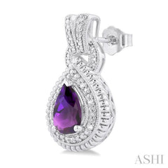 8X5 MM Pear Cut Amethyst and 1/20 Ctw Round Cut Diamond Semi-Precious Earring in Sterling Silver