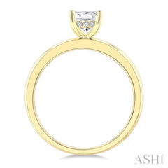 1/20 Ctw Emerald Shape Grooved Shank Round Cut Diamond Semi-Mount Engagement Ring in 14K Yellow Gold