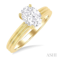 1/20 Ctw Oval Shape Grooved Shank Round Cut Diamond Semi-Mount Engagement Ring in 14K Yellow Gold