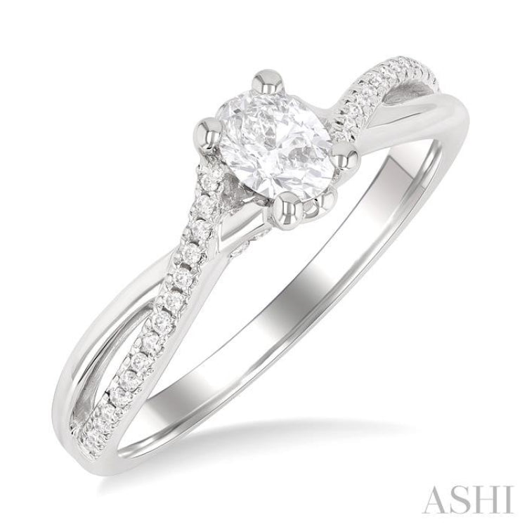 1/6 Ctw Split Crisscross Shank Oval Shape Round Cut Diamond Semi-Mount Engagement Ring in 14K White Gold