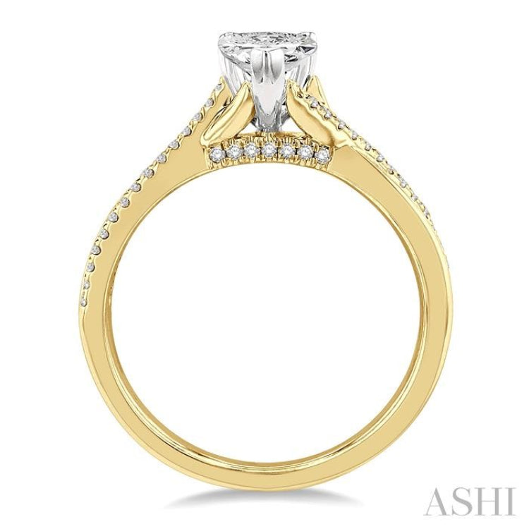 1/6 Ctw Split Crossover Pear Shape Round Cut Diamond Semi-Mount Engagement Ring in 14K Yellow and White Gold
