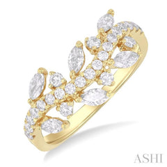 3/4 Ctw Curved Center Marquise and Round Cut Diamond Fashion Band in 14K Yellow Gold