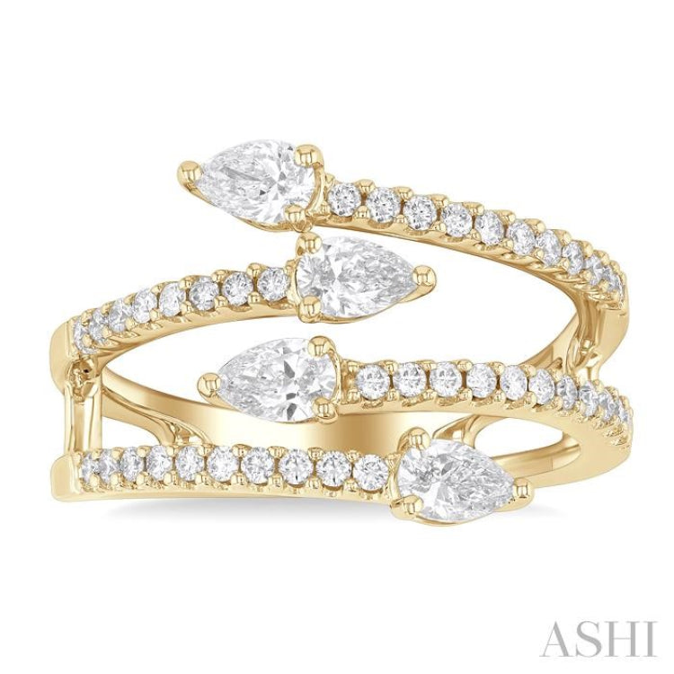7/8 Ctw Split Double Bypass Pear and Round Cut Diamond Open Fashion Ring in 14K Yellow Gold