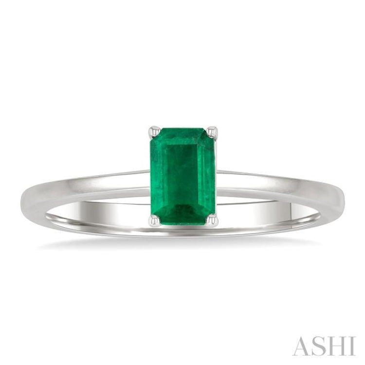 6x4 MM Octagon Shape Emerald Precious Solitaire Ring in 14K White Gold