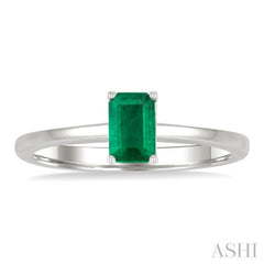 6x4 MM Octagon Shape Emerald Precious Solitaire Ring in 14K White Gold