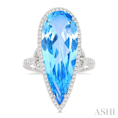 26X10 MM Pear Cut Blue Topaz and 1/2 Ctw Round Cut Diamond Halo Semi-Precious Ring in 14K White Gold