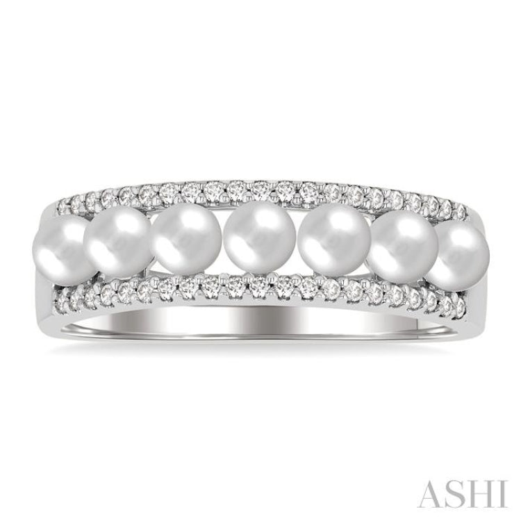 3 MM Cultured Pearl and 1/5 Ctw Round Cut Diamond Fashion Band in 14K White Gold
