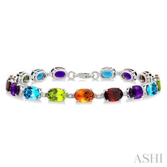 7X5 MM Oval Shape Rainbow and 1/10 Ctw Single Cut Diamond Semi-Precious Bracelet in Sterling Silver