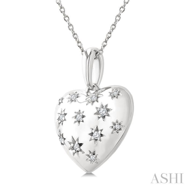 1/10 Ctw Bold Star Engraved Puffed Heart Round Cut Diamond Pendant With Chain in Sterling Silver