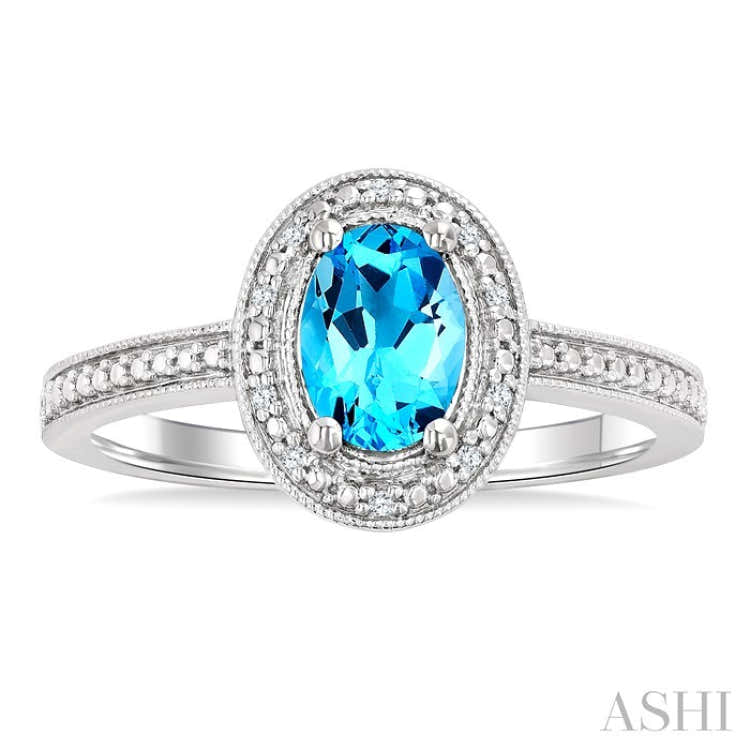7x5 MM Oval Shape Blue Topaz and 1/50 Ctw Round Cut Diamond Semi-precious Ring in Sterling Silver