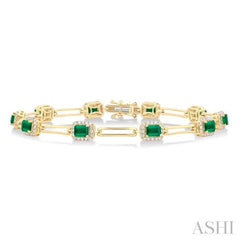 4x3 MM Emerald and 5/8 Ctw Round Cut Diamond Halo Precious Open Link Bracelet in 14K Yellow Gold
