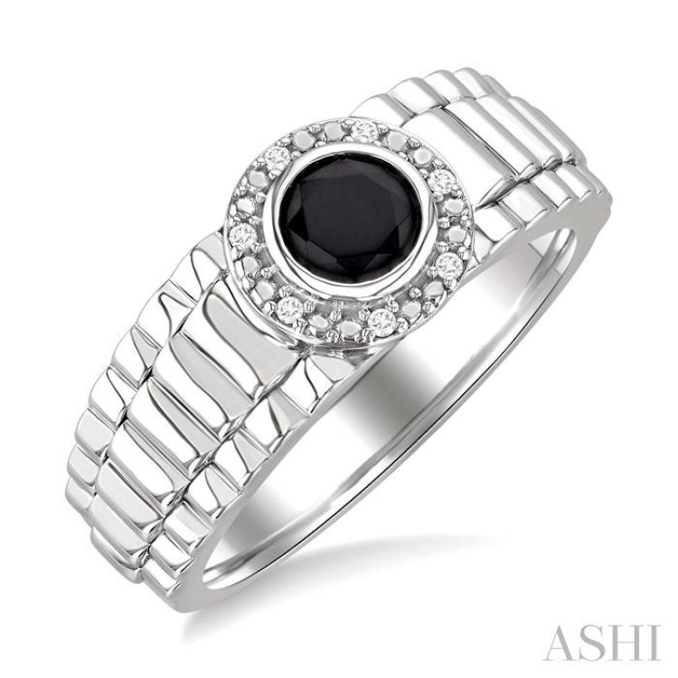 6 MM Round Shape Onyx and 1/20 Ctw Single Cut Diamond Semi-precious Men's Ring in Sterling Silver