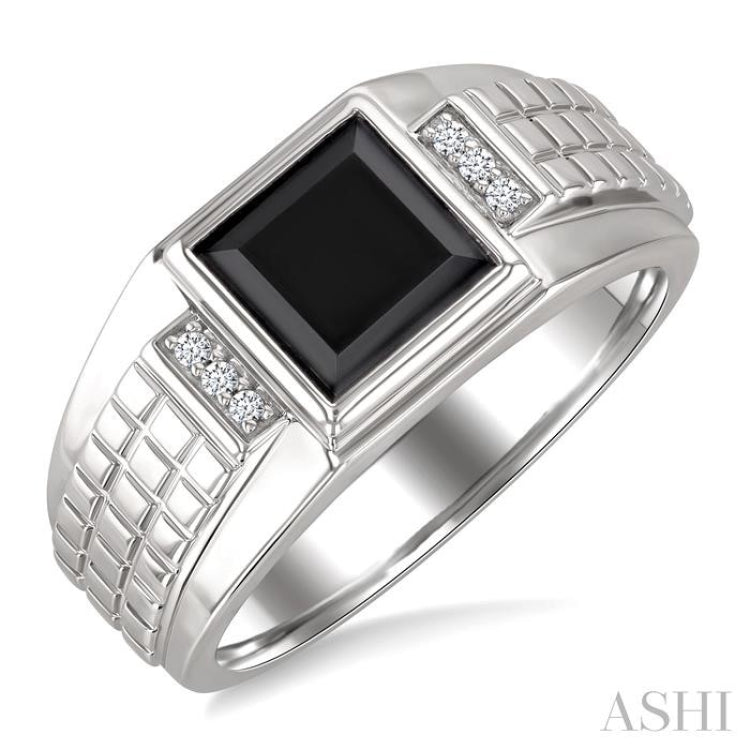 8x8 MM Princess Shape Onyx and 1/20 Ctw Single Cut Diamond Semi-precious Men's Ring in Sterling Silver