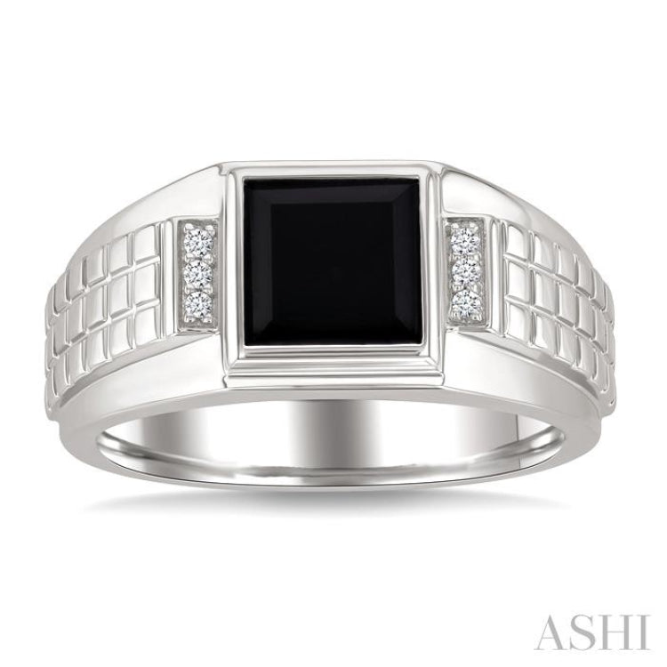 8x8 MM Princess Shape Onyx and 1/20 Ctw Single Cut Diamond Semi-precious Men's Ring in Sterling Silver