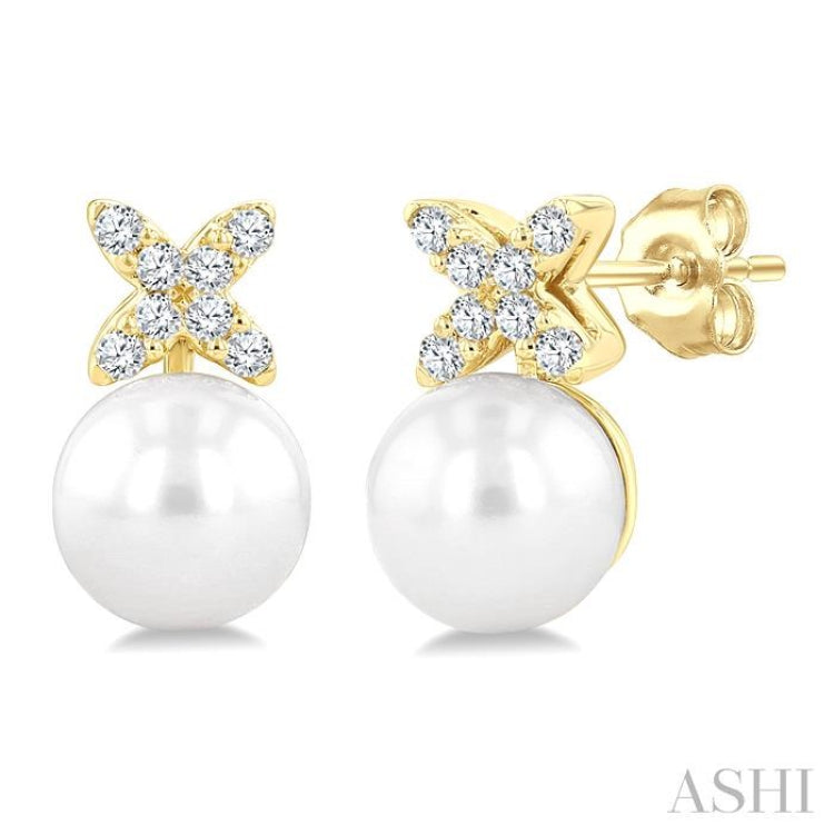 6 MM Cultured Pearl and 1/10 Ctw Round Cut Diamond Floral Fashion Earrings in 14K Yellow Gold