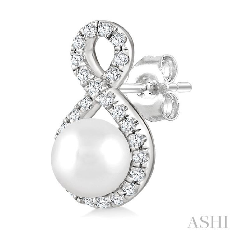5 MM Cultured Pearls and 1/5 Ctw Single Cut Diamond Petite Earrings 10K White Gold