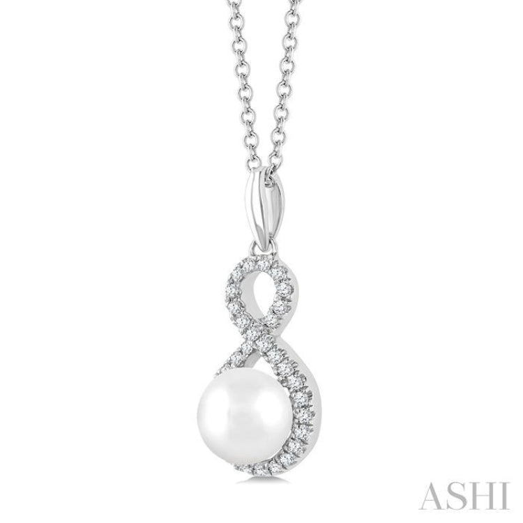 6 MM Cultured Pearl and 1/8 Ctw Single Cut Diamond Petite Fashion Pendant With Chain in 10K White Gold