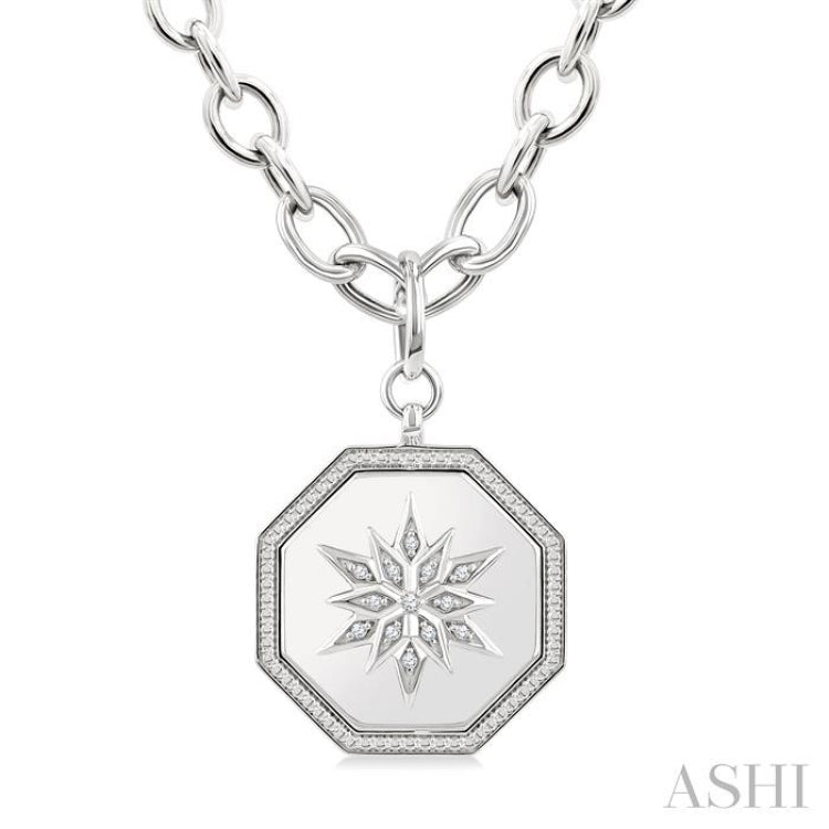 1/20 Ctw Octagon Shape medallion Single Cut Diamond Star Pendant With Chain in Sterling Silver