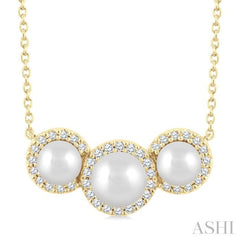 5MM & 4MM Cultured Pearl and 1/6 Ctw Round Cut Diamond Halo Pendant With Chain in 14K Yellow Gold