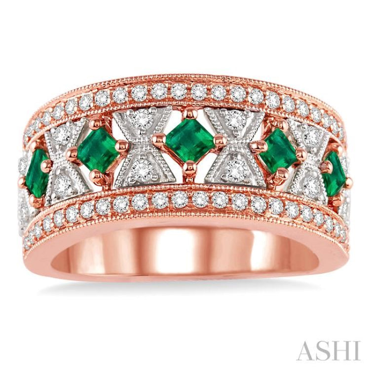 2.4 & 2.5 MM princess Cut Emerald and 1/2 Ctw Round Cut Diamond Precious Band in 14K Rose and White Gold
