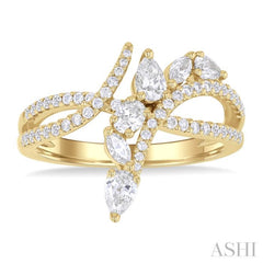 7/8 Ctw Split Bypass Shank Mixed Diamond Cut Fashion Ring in 14K Yellow Gold