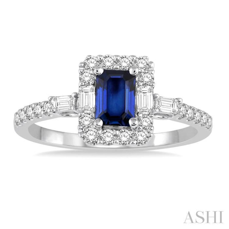 6x4 MM Octagon Cut Sapphire and 1/2 Ctw Round Cut Diamond Precious Ring in 14K White Gold