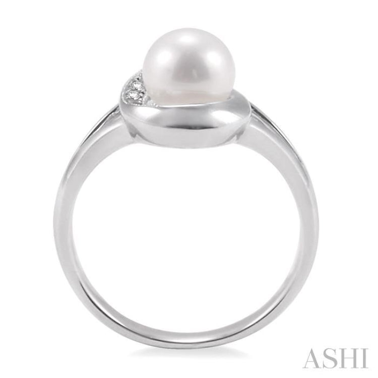 6.5 MM Round Shape Cultured Pearl and 1/20 Ctw Round Cut Diamond Ring in 14K White Gold