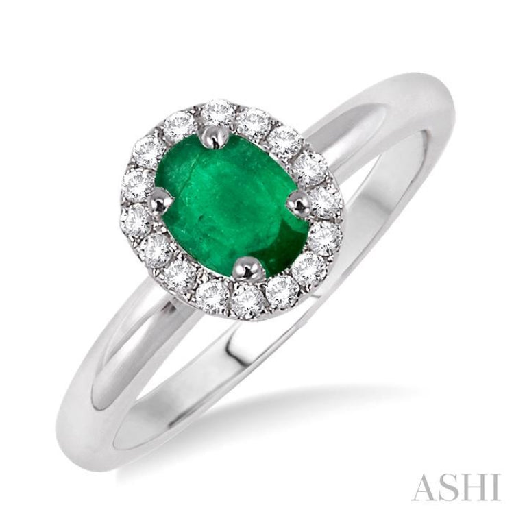 6x4 MM Oval Shape Emerald and 1/6 Ctw Round Cut Diamond Precious Ring in 14K White Gold