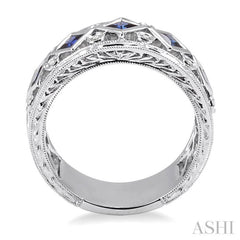 3x3 MM Princess Cut Sapphire and 1/4 Ctw Round Cut Diamond Precious Fashion Band in 14K White Gold