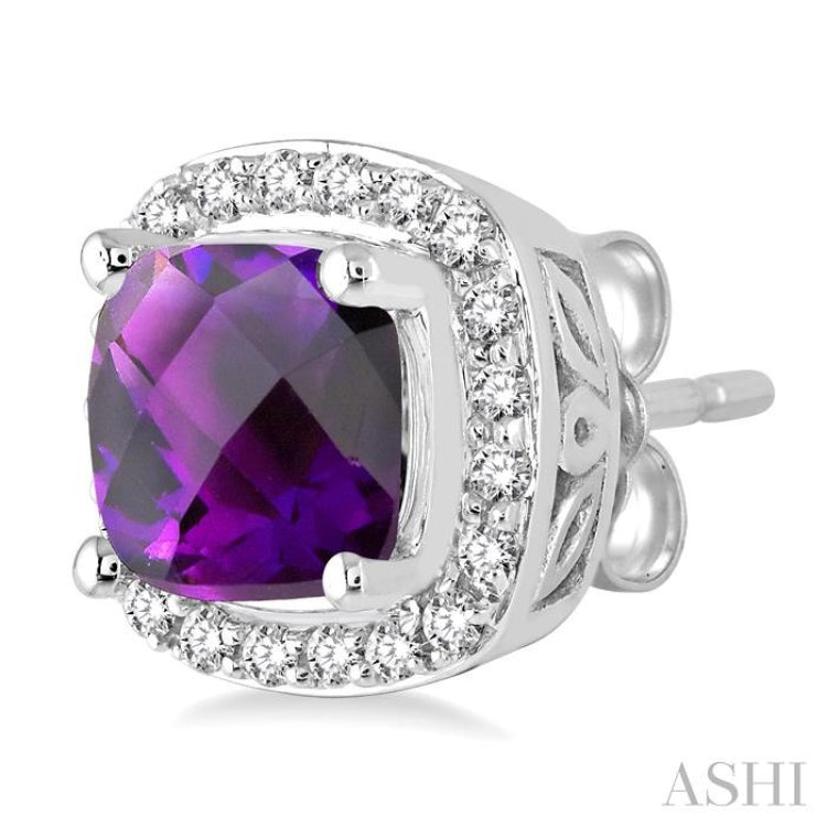 6x6 MM Cushion Shape Amethyst and 1/4 Ctw Round Cut Diamond Earrings in 14K White Gold