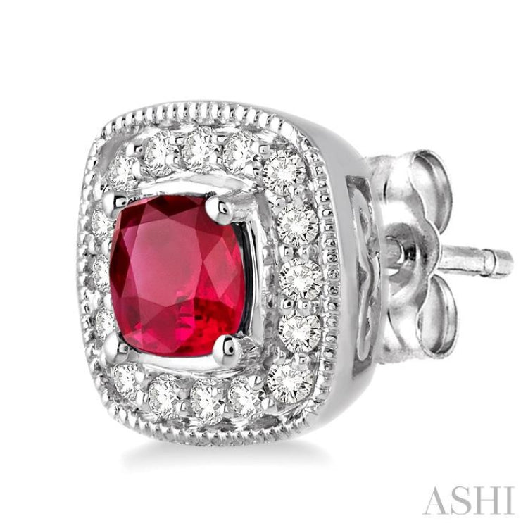 4x4 MM Cushion Shape Ruby and 1/5 Ctw Round Cut Diamond Earrings in 14K White Gold