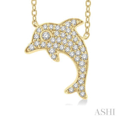 1/6 Ctw Sea Life Petite Dolphin Round Cut Diamond Fashion Pendant With Chain in 10K Yellow Gold