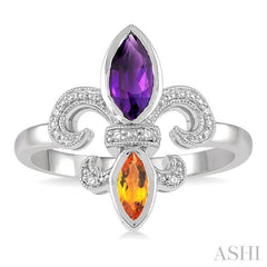 8x4 MM Marquise Cut Amethyst & 6X3 MM Marquise Cut Citrine and 1/50 Ctw Round Cut Diamond Fleur De Lis Ring in Sterling Silver