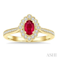6X4 MM Oval Cut Ruby and 1/4 Ctw Art Deco Round Cut Diamond Halo Precious Ring in 14K Yellow Gold