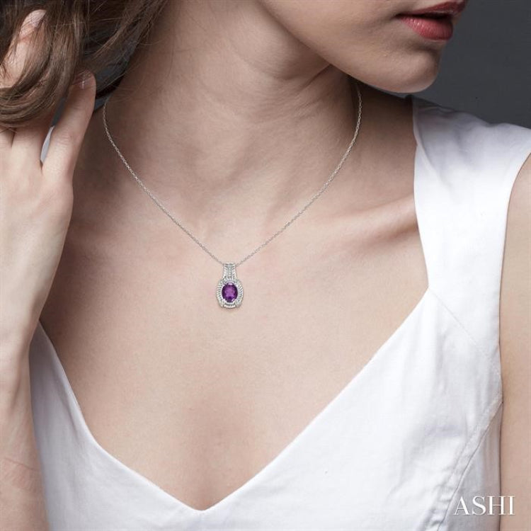 9x7 MM Oval Cut Amethyst and 1/50 Ctw Single Cut Diamond Pendant in Sterling Silver with Chain