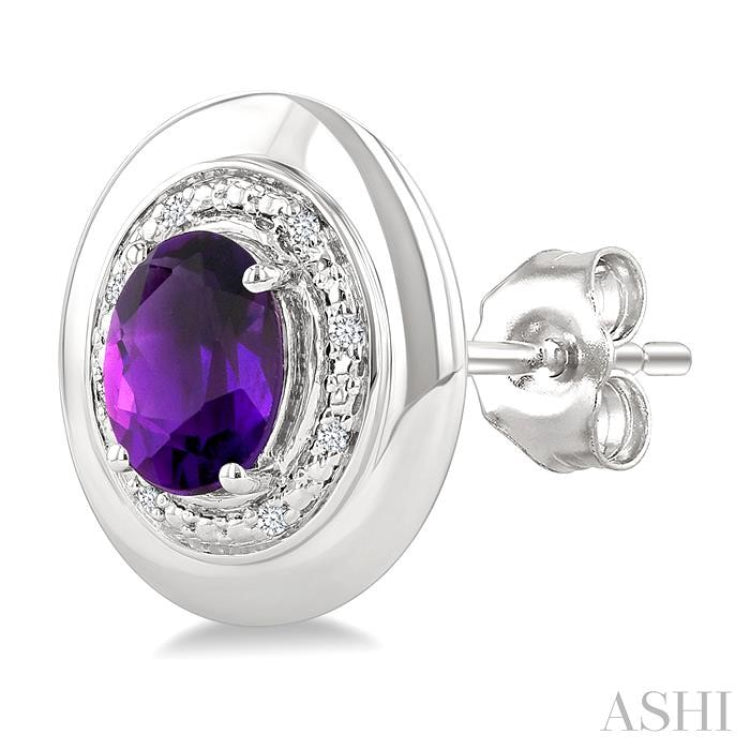 7X5 MM Oval Shape Amethyst and 1/20 Ctw Single Cut Diamond Semi-Precious Earrings in Sterling Silver