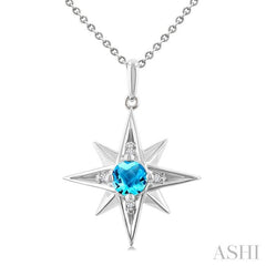 5 MM Round Cut Blue Topaz and 1/20 Ctw Round Cut Diamond Semi-Precious Fashion Pendant With Chain in Sterling Silver