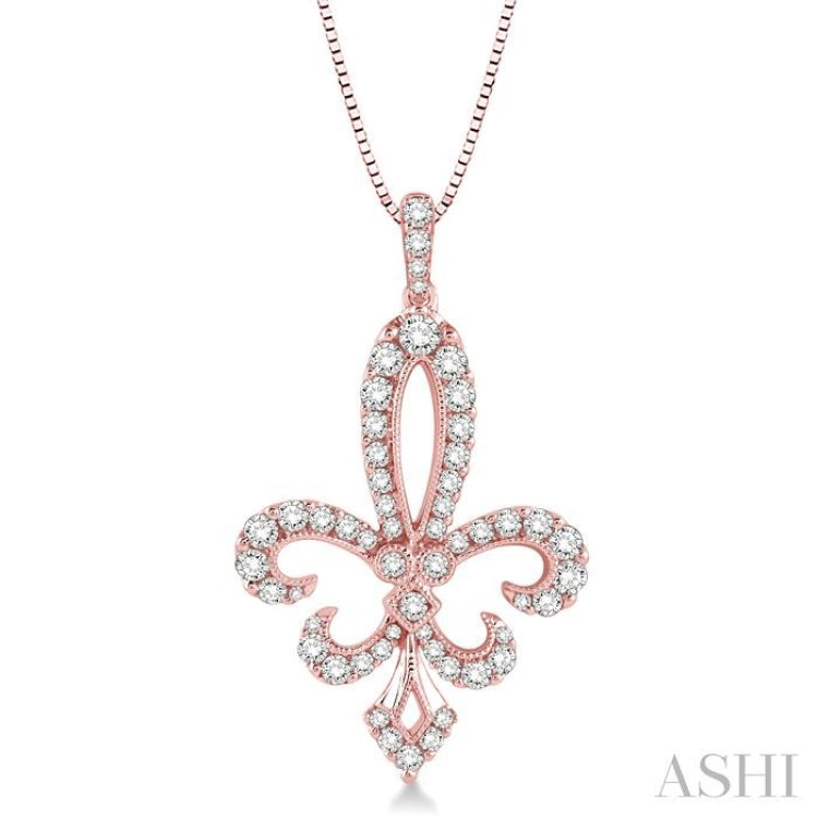 3/4 Ctw Round Cut Diamond Fleur De Lis Pendant in 14K Rose Gold with Chain