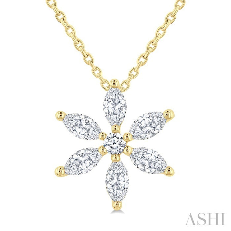 1/3 Ctw Floral Motif Marquise and Round Cut Diamond Fashion Pendant With Chain in 14K Yellow Gold