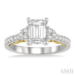 1/3 Ctw Tri Mount Emerald Shape Round Cut Diamond Semi-Mount Engagement Ring in 14K White and Yellow Gold
