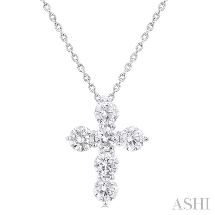 1 Ctw Round Cut Diamond Christian Cross 6-Stone Fashion Pendant With Chain in 14K White Gold