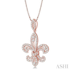 7/8 Ctw Round Cut Diamond Fleur De Lis Diamond Pendant in 14K Rose Gold with Chain