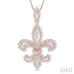 7/8 Ctw Round Cut Diamond Fleur De Lis Diamond Pendant in 14K Rose Gold with Chain