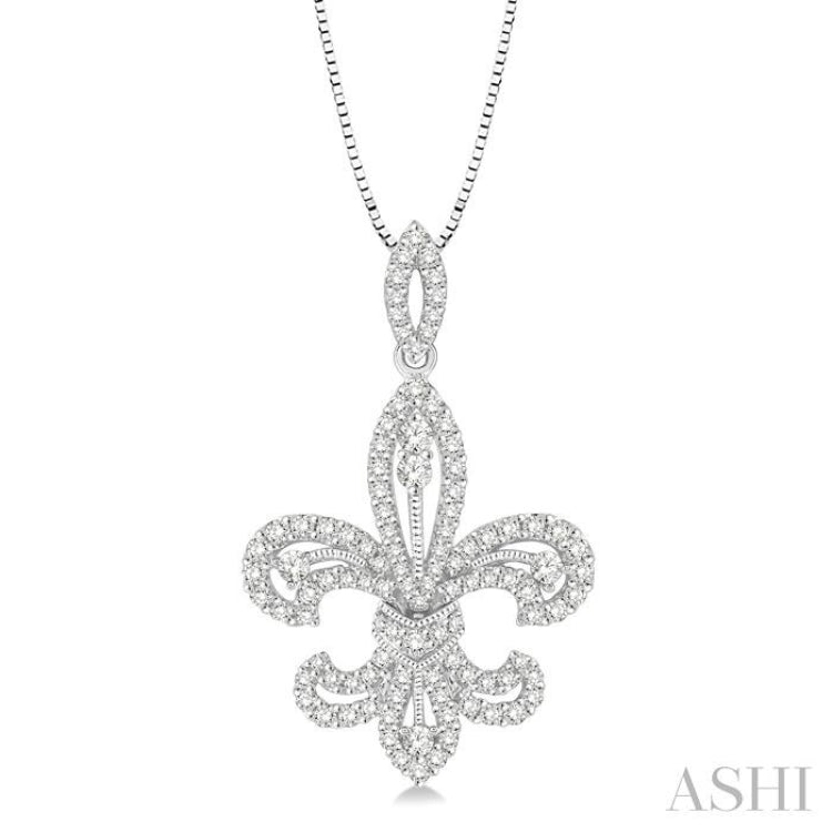 7/8 Ctw Round Cut Diamond Fleur De Lis Diamond Pendant in 14K White Gold with Chain
