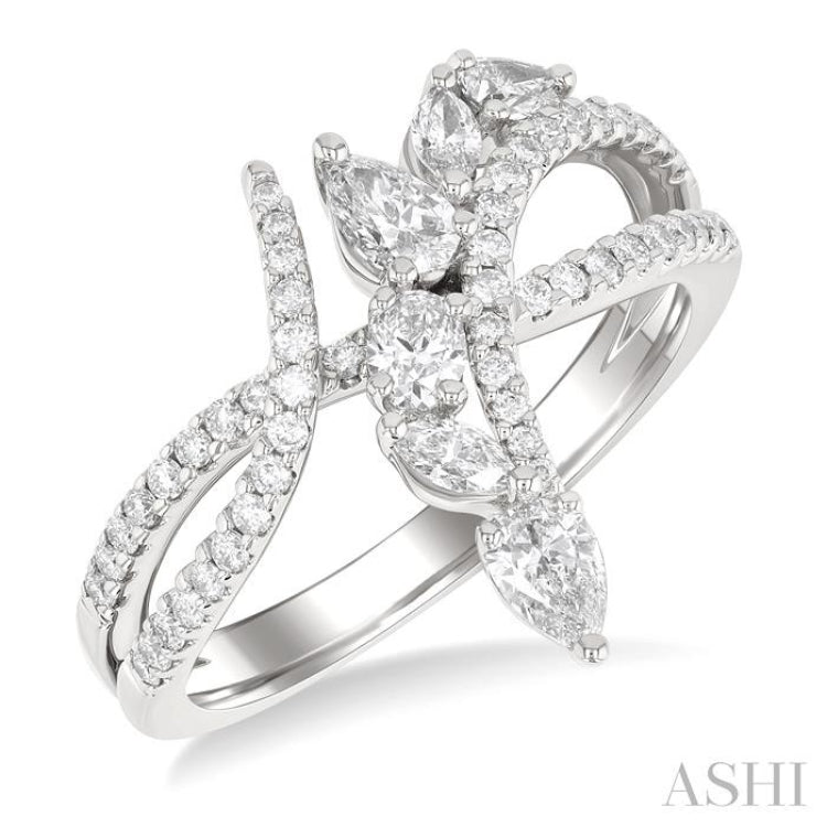 7/8 Ctw Split Bypass Shank Mixed Diamond Cut Fashion Ring in 14K White Gold