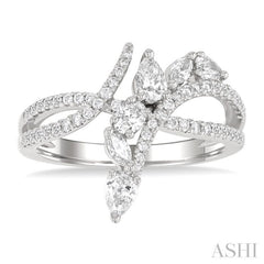 7/8 Ctw Split Bypass Shank Mixed Diamond Cut Fashion Ring in 14K White Gold