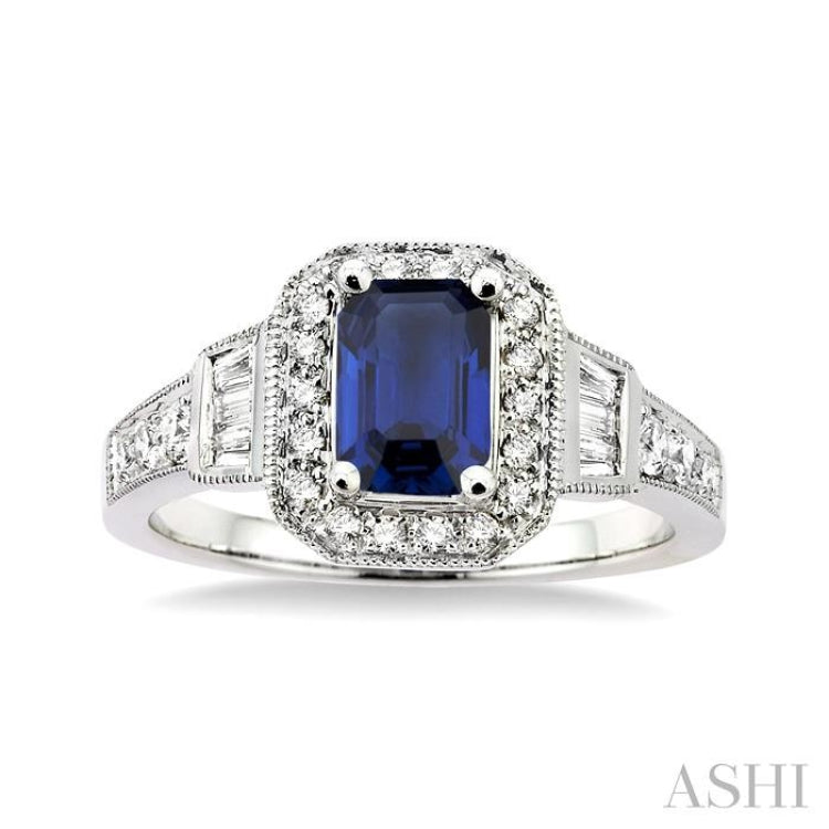 6x4 MM Emerald Shape Sapphire and 1/4 Ctw Round and Baguette Cut Diamond Ring in 14K White Gold